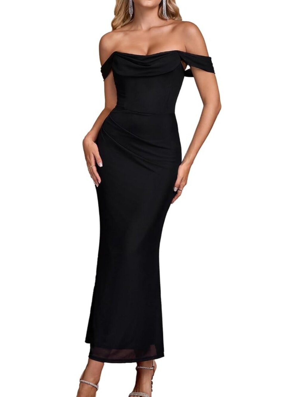 Women's Black Off the Shoulder Bodycon Corset Formal Wedding Guest Maxi Dresses